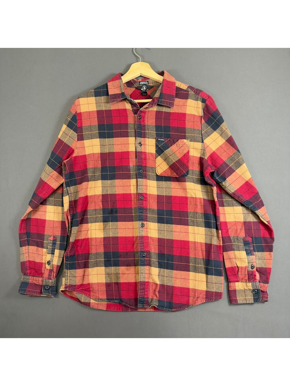 Volcom Plaid Flannel Button-Up Shirt Red Tan Black Large